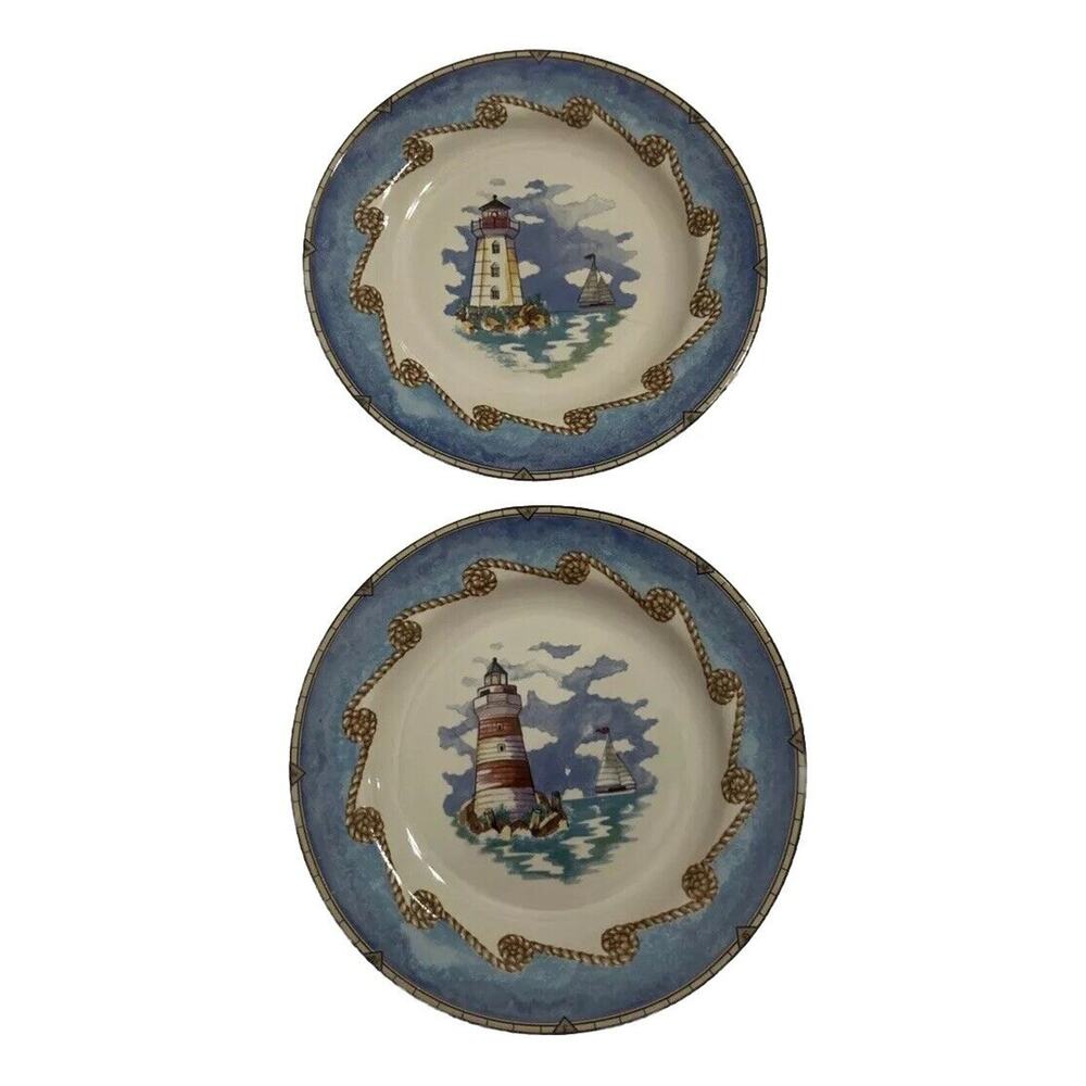 Fitz & Floyd 2 Shore Lights 8" Salad Plates Lighthouse Sailboat Rope Nautical
